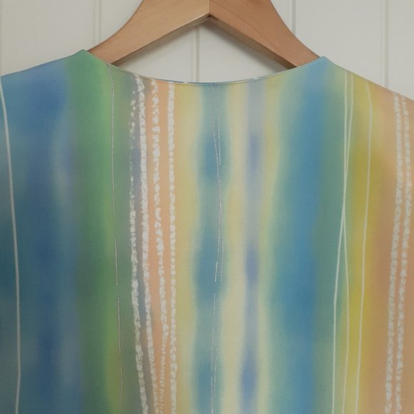 Vintage 80s Vera V-Neck Button Up Long Sleeve Stripe Top Pastels Blue Size 14 - Picture 6 of 13